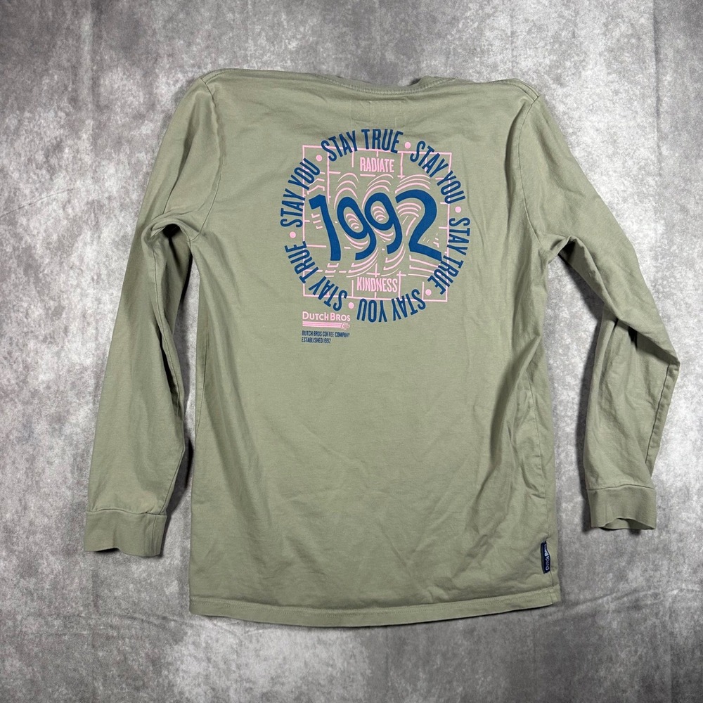 Dutch Bros Coffee Mens Large Sage Green Long Sleeve Pocket Graphic T-Shirt 1992 - Picture 2 of 9